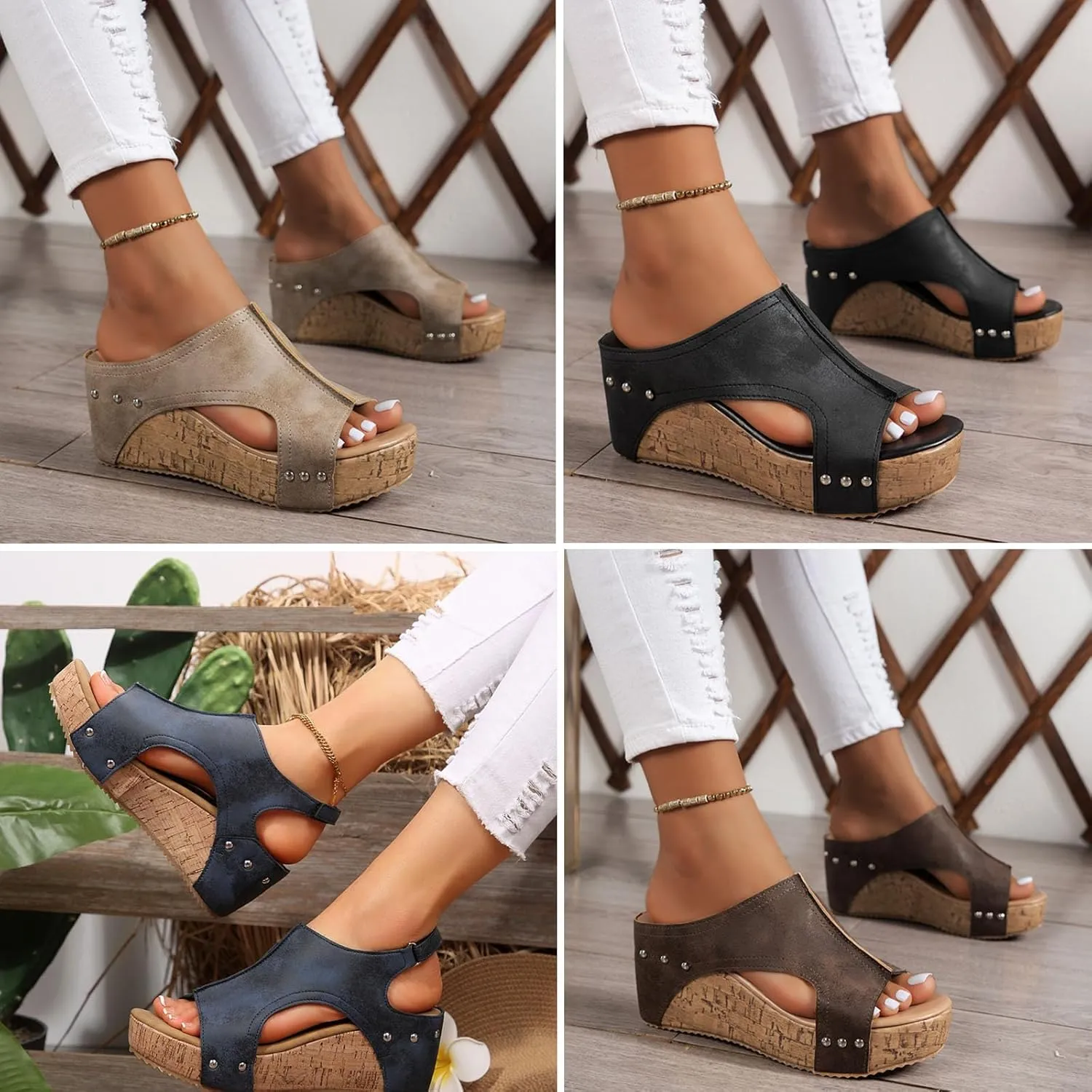 Cork Wedges & Platform Slides, Cork Wedges, Wedge Sandals for Women, Women's Comfy Platform Orthopedic Sandals, Comfy Leather Non-Slip Summer Sandals