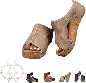 Cork Wedges & Platform Slides, Cork Wedges, Wedge Sandals for Women, Women's Comfy Platform Orthopedic Sandals, Comfy Leather Non-Slip Summer Sandals