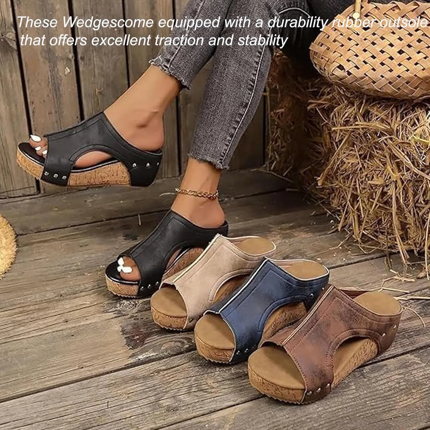 Cork Wedges & Platform Slides, Cork Wedges, Wedge Sandals for Women, Women's Comfy Platform Orthopedic Sandals, Comfy Leather Non-Slip Summer Sandals