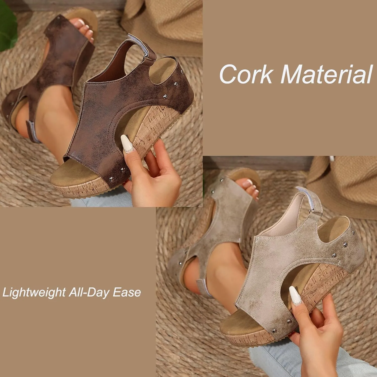 Cork Wedges & Platform Slides, Cork Wedges, Wedge Sandals for Women, Women's Comfy Platform Orthopedic Sandals, Comfy Leather Non-Slip Summer Sandals