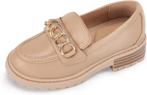 Coutgo Girl's Platform Penny Loafers School Uniform Flats Slip on Round Toe Metal Chain Dress Shoes