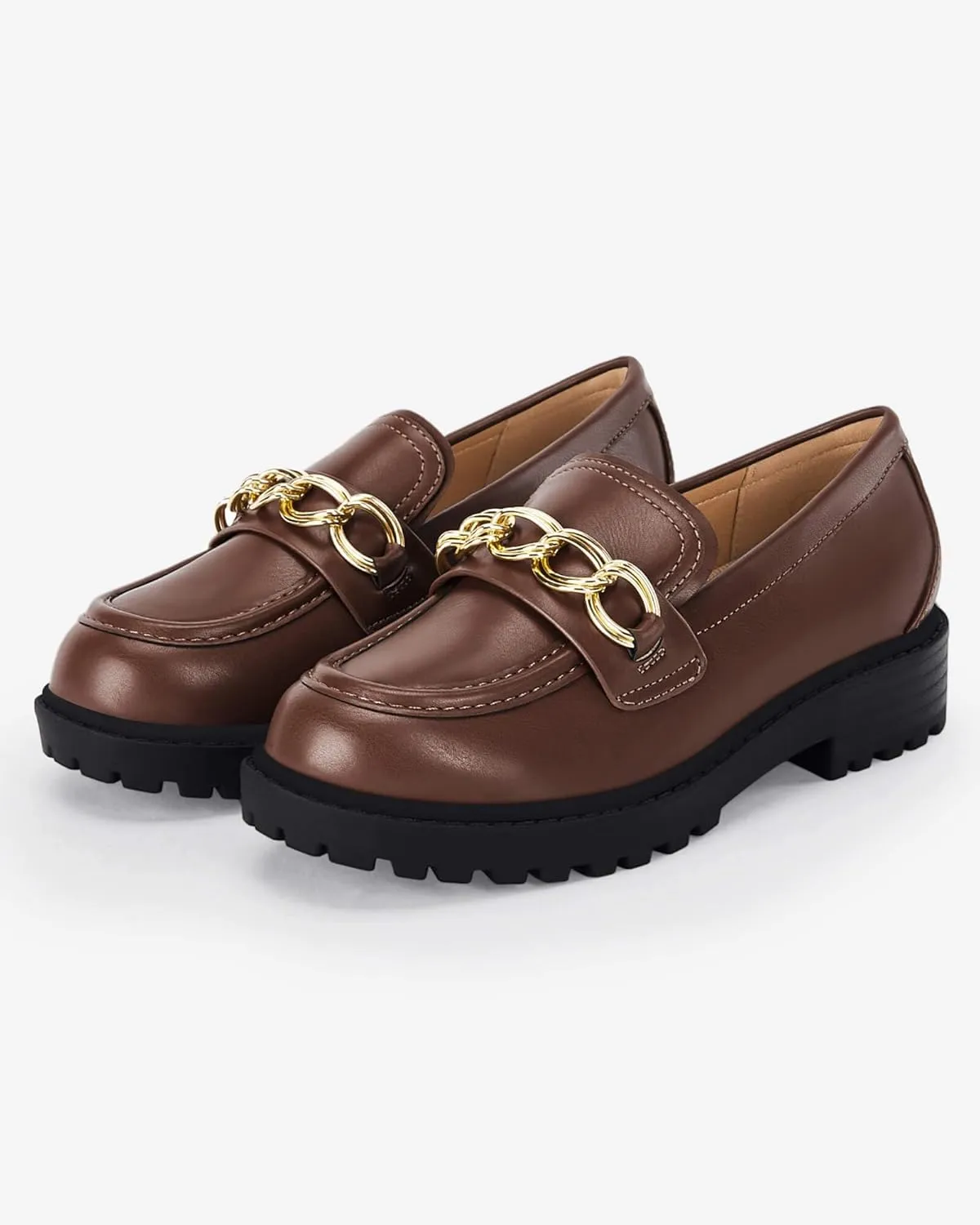 Coutgo Girl's Platform Penny Loafers School Uniform Flats Slip on Round Toe Metal Chain Dress Shoes