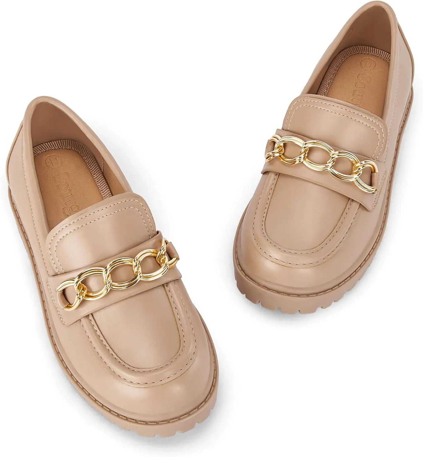 Coutgo Girl's Platform Penny Loafers School Uniform Flats Slip on Round Toe Metal Chain Dress Shoes