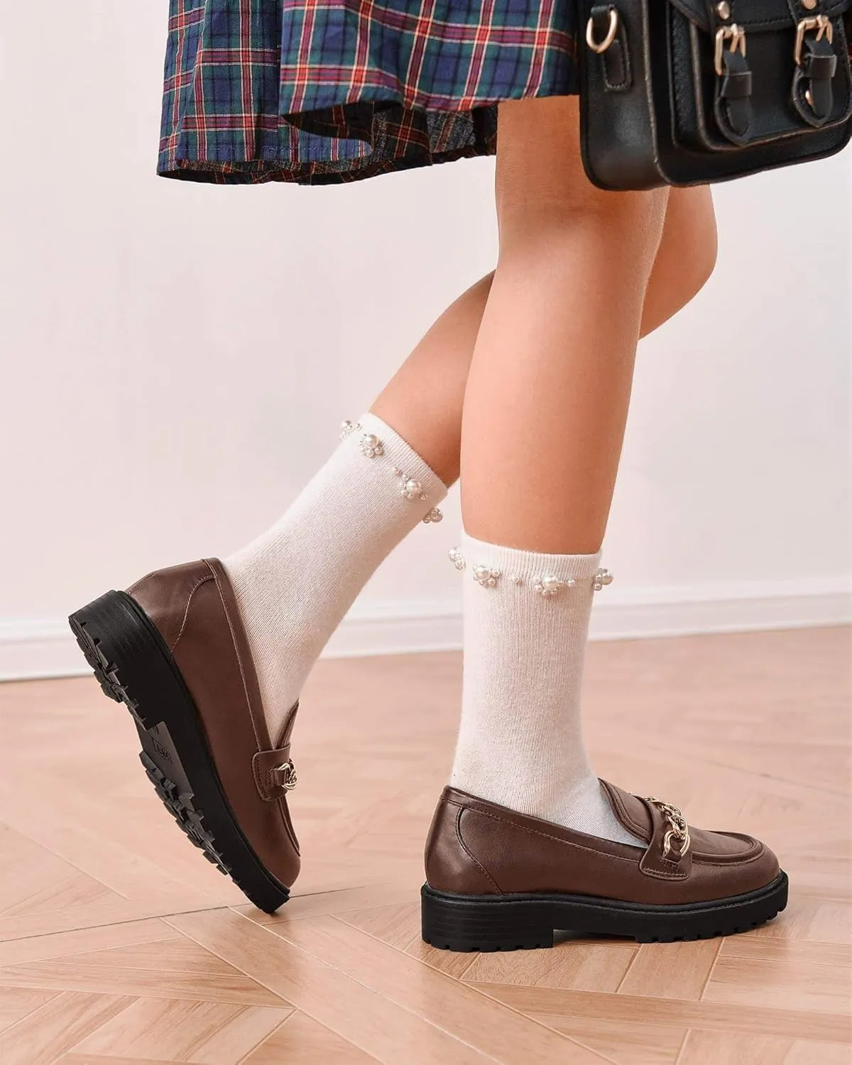 Coutgo Girl's Platform Penny Loafers School Uniform Flats Slip on Round Toe Metal Chain Dress Shoes