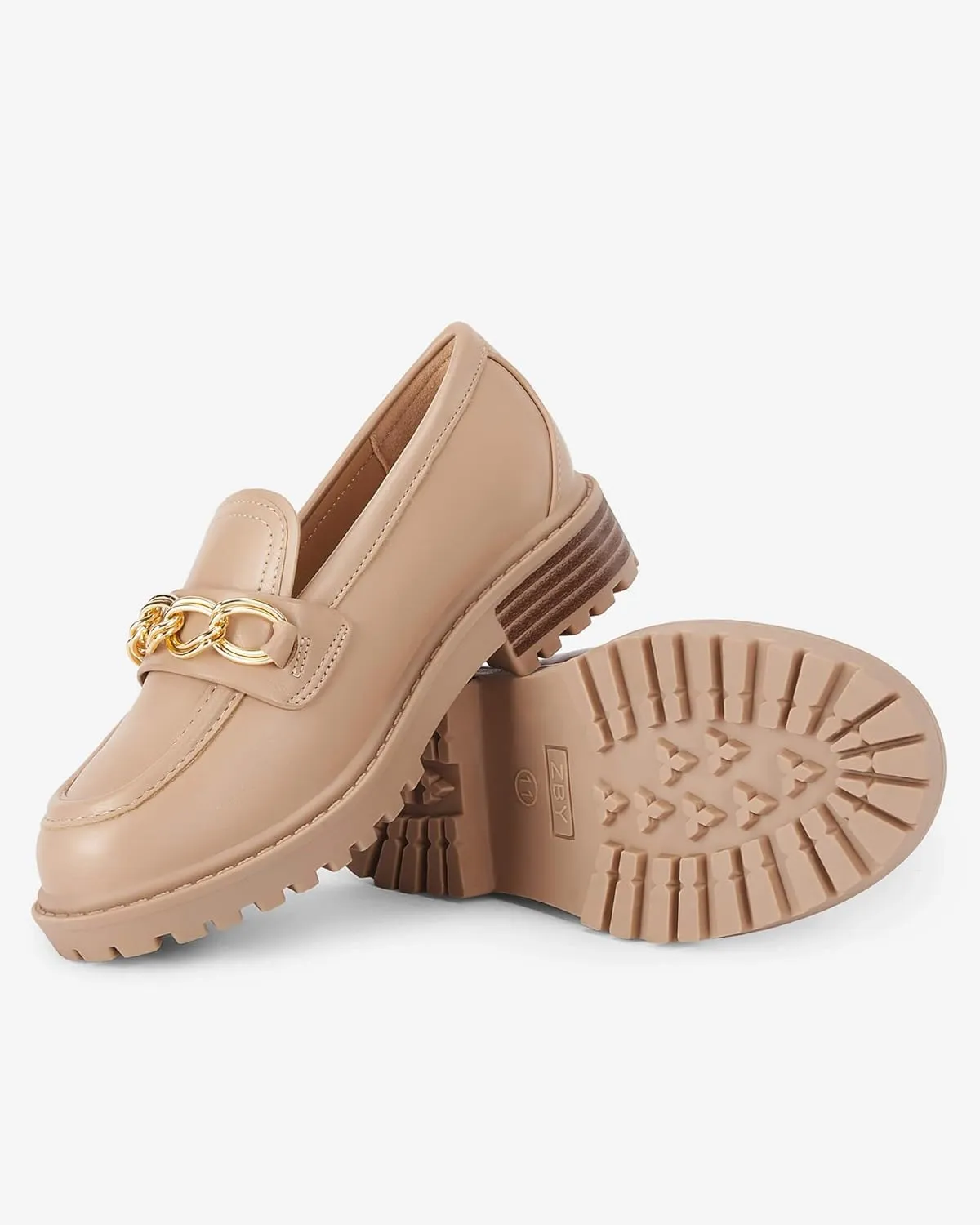 Coutgo Girl's Platform Penny Loafers School Uniform Flats Slip on Round Toe Metal Chain Dress Shoes
