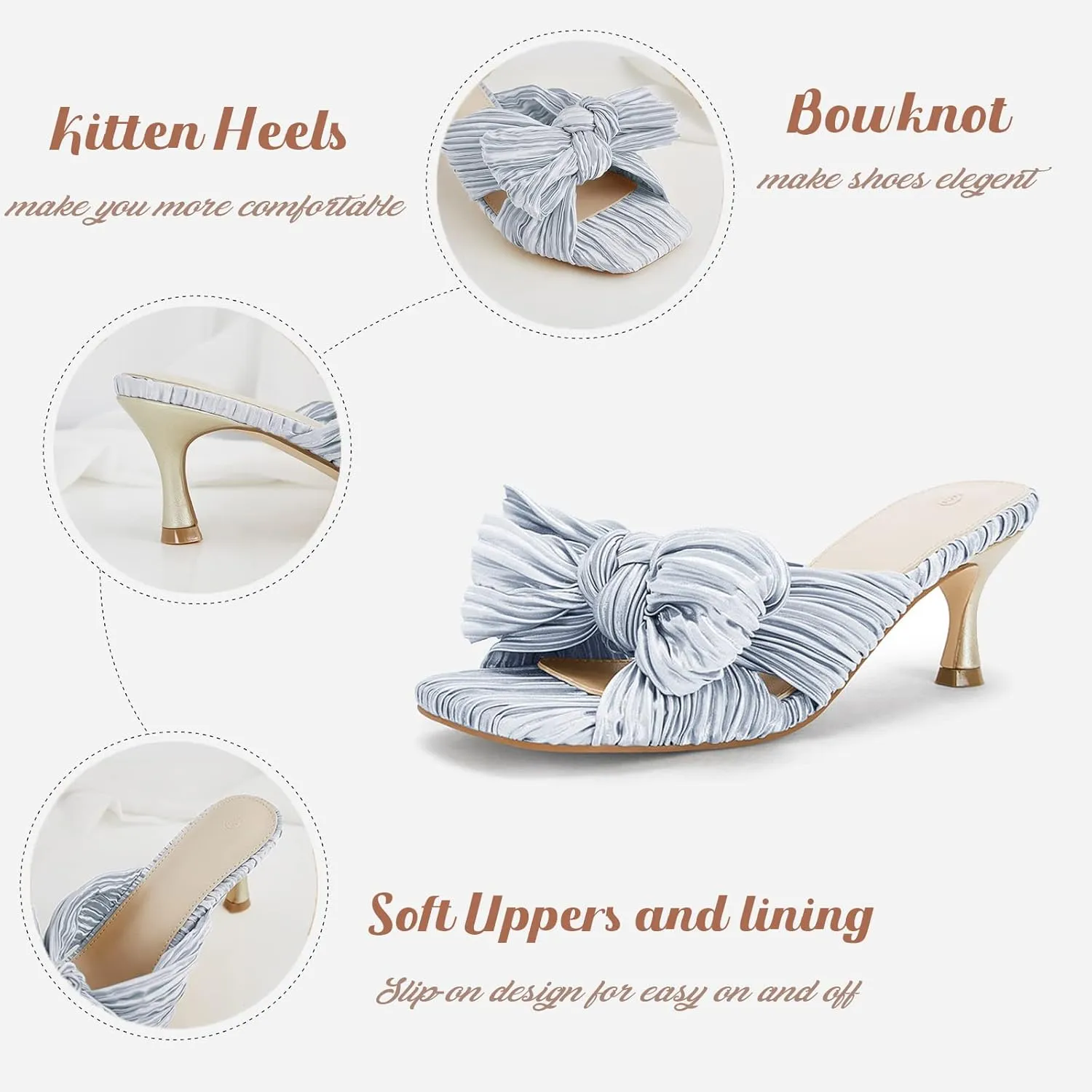 Coutgo Womens Bow Heeled Sandals Pleated Bowknot Heels Open Square Toe Cute Kitten Heel Mules Slip On Wedding Dress Shoes