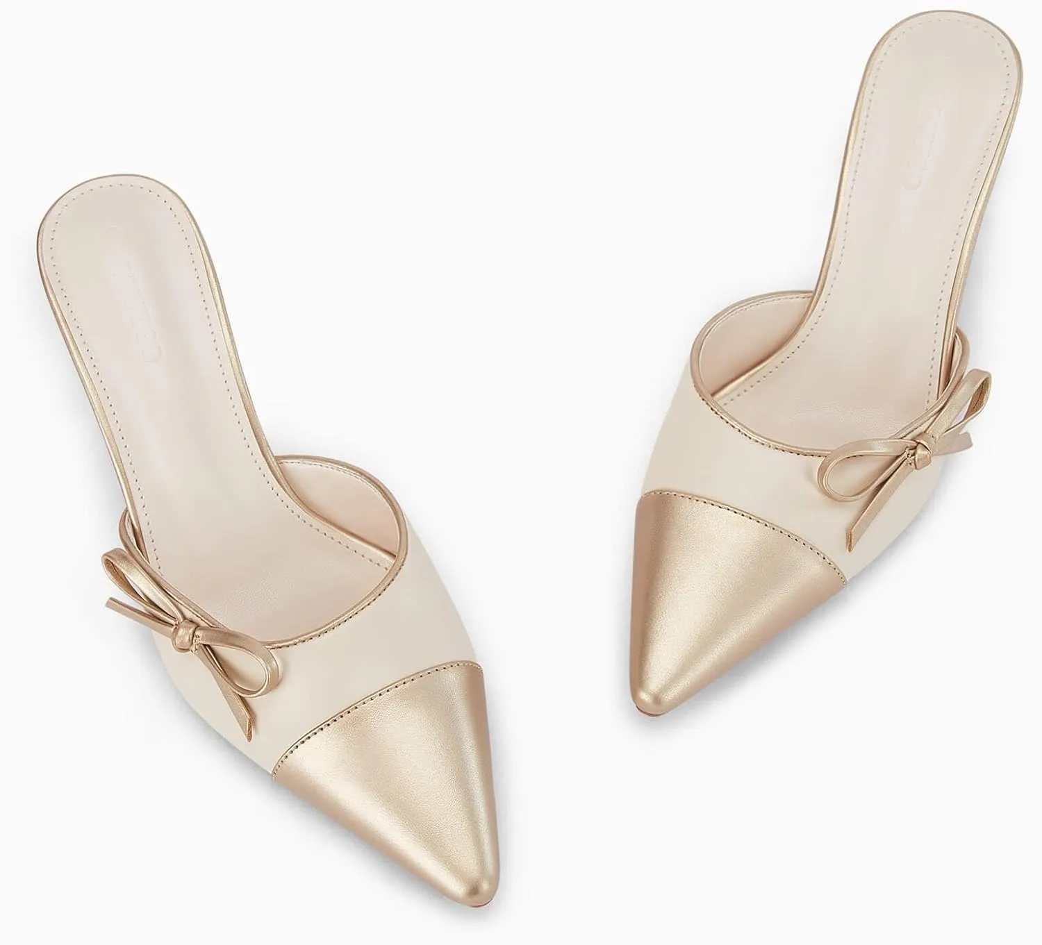 Coutgo Womens Bow Tie Mules Heels Two Tone Closed Pointed Toe Slip On Backless Wedding Dress Shoes Pumps