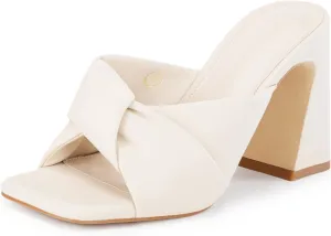Coutgo Womens Chunky Heeled Mules Puffy Knot Square Open Toe Slip On Sandals Summer Evening Party Prom Shoes