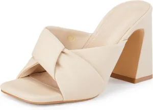 Coutgo Womens Chunky Heeled Mules Puffy Knot Square Open Toe Slip On Sandals Summer Evening Party Prom Shoes