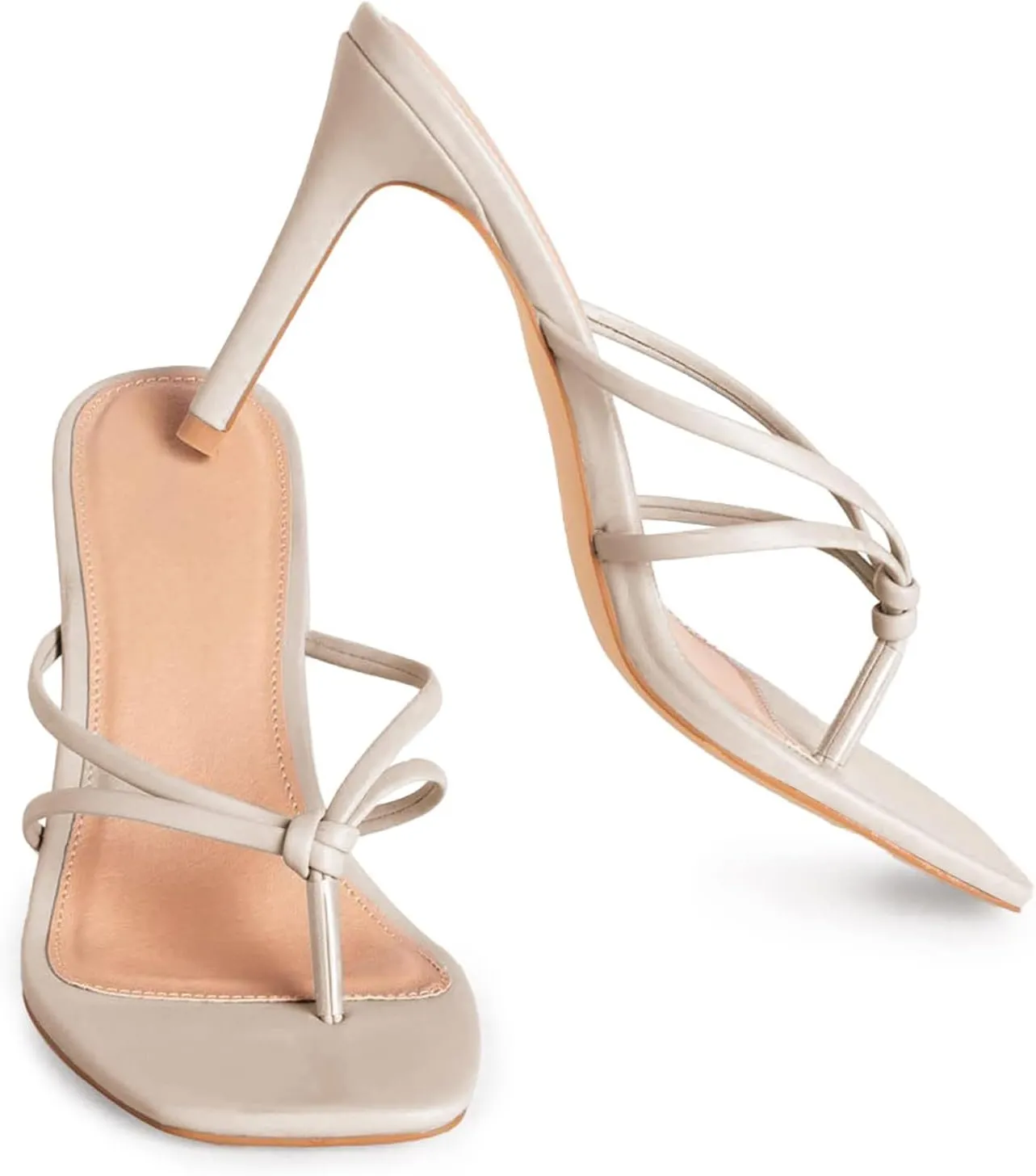 Coutgo Womens Heeded Sandals Strappy Square Toe Flip Flops Fashion Thong Slip On Stiletto Sandals
