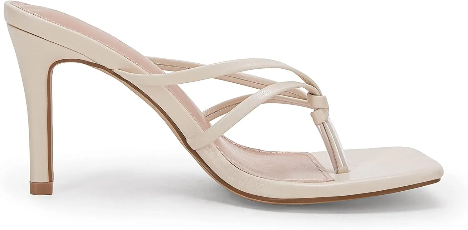 Coutgo Womens Heeded Sandals Strappy Square Toe Flip Flops Fashion Thong Slip On Stiletto Sandals