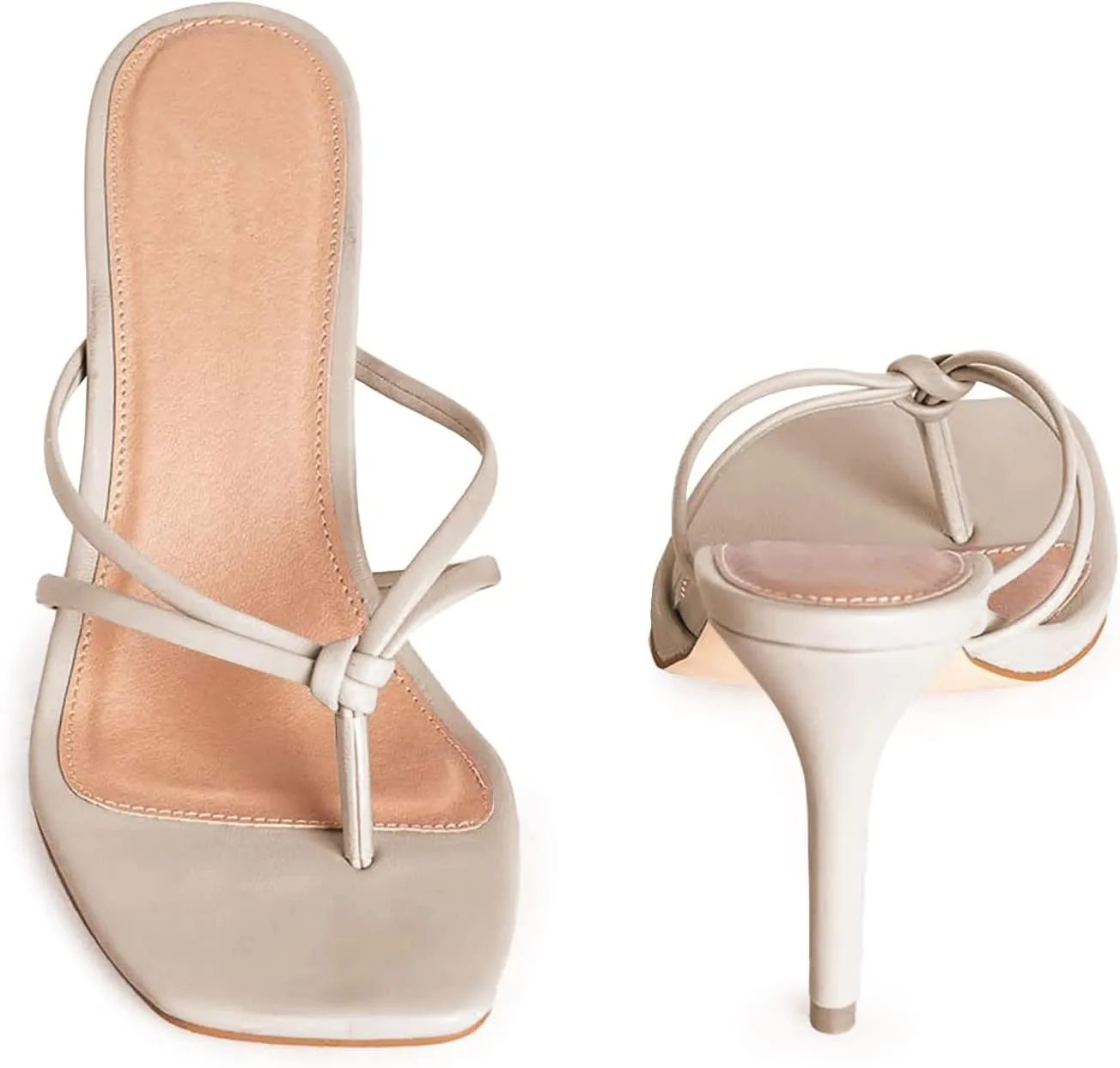 Coutgo Womens Heeded Sandals Strappy Square Toe Flip Flops Fashion Thong Slip On Stiletto Sandals