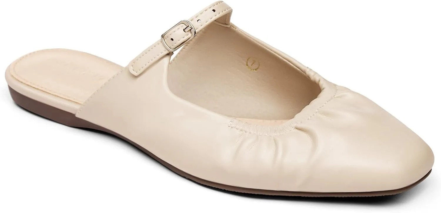 Coutgo Womens Mules Mary Jane Flats Closed Toe Pleated Slip on Shoes Dressy Casual Slides