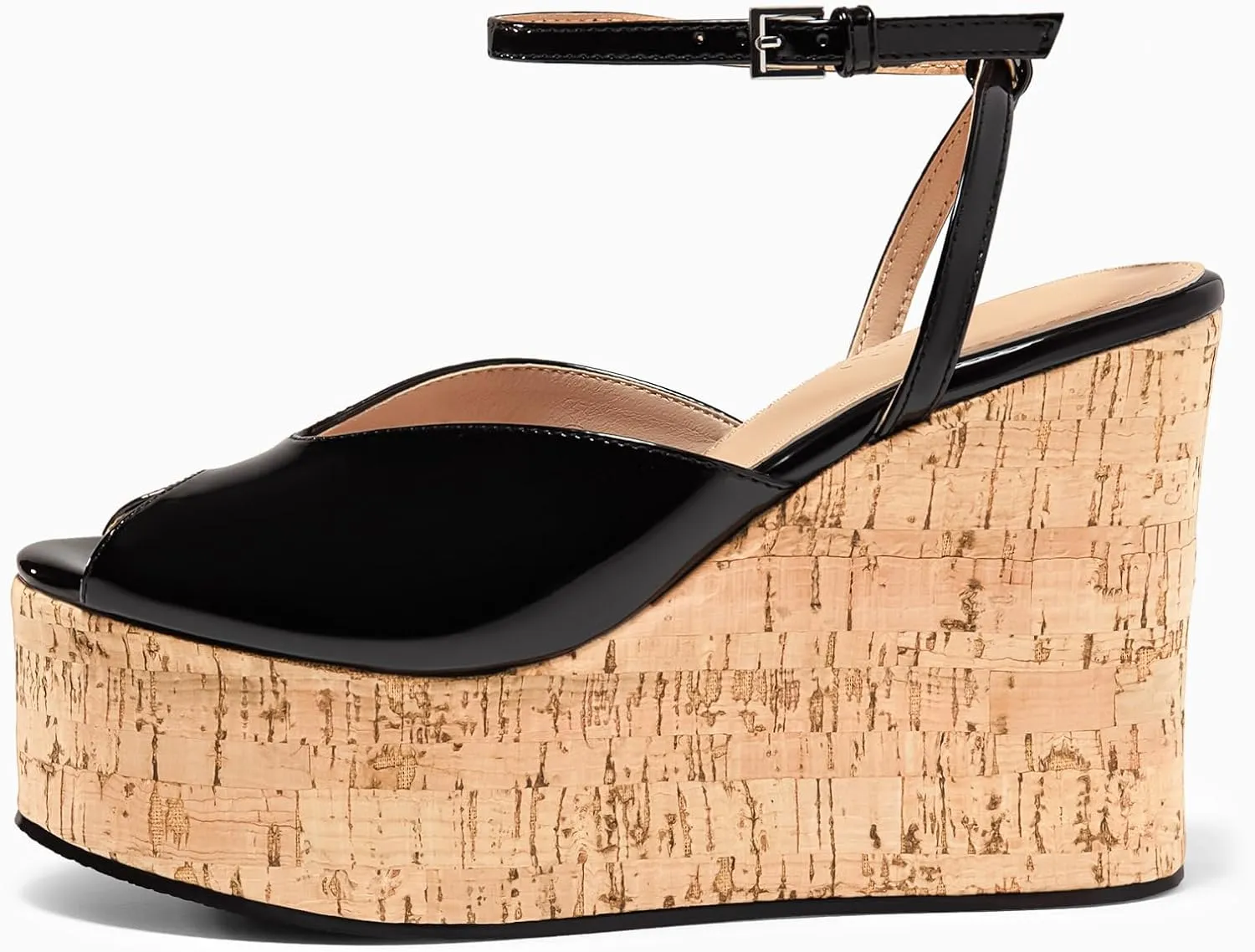 Coutgo Womens Platform Wedge Sandals Cork Dressy Peep Toe Ankle Buckle Strap High Heels Summer Shoes