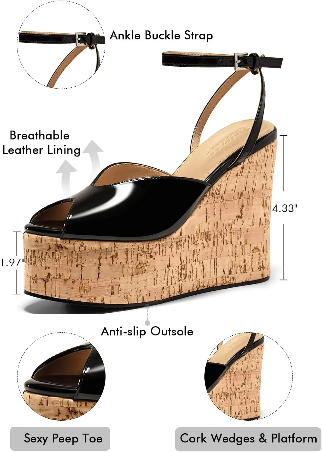 Coutgo Womens Platform Wedge Sandals Cork Dressy Peep Toe Ankle Buckle Strap High Heels Summer Shoes