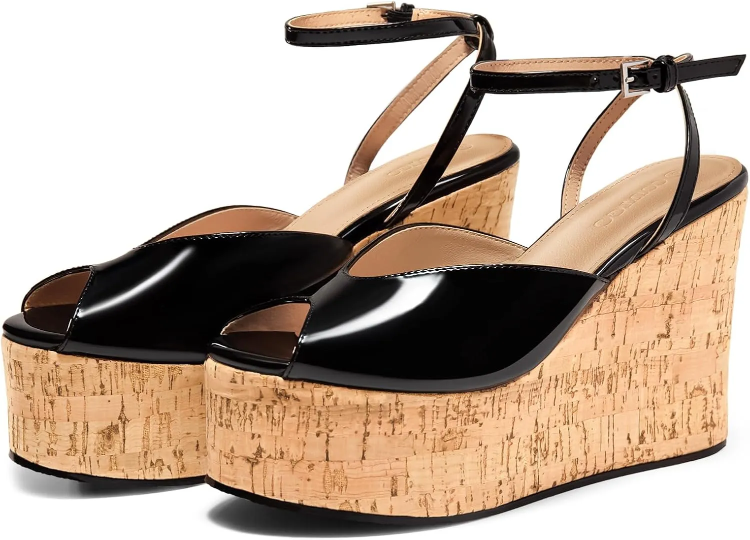 Coutgo Womens Platform Wedge Sandals Cork Dressy Peep Toe Ankle Buckle Strap High Heels Summer Shoes