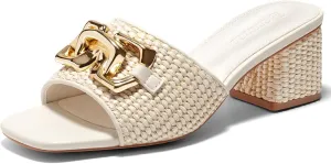 Coutgo Womens Raffia Slide Sandals Chunky Block Heeled Square Open Toe Metal Chain Slip on Mules Dressy Shoes
