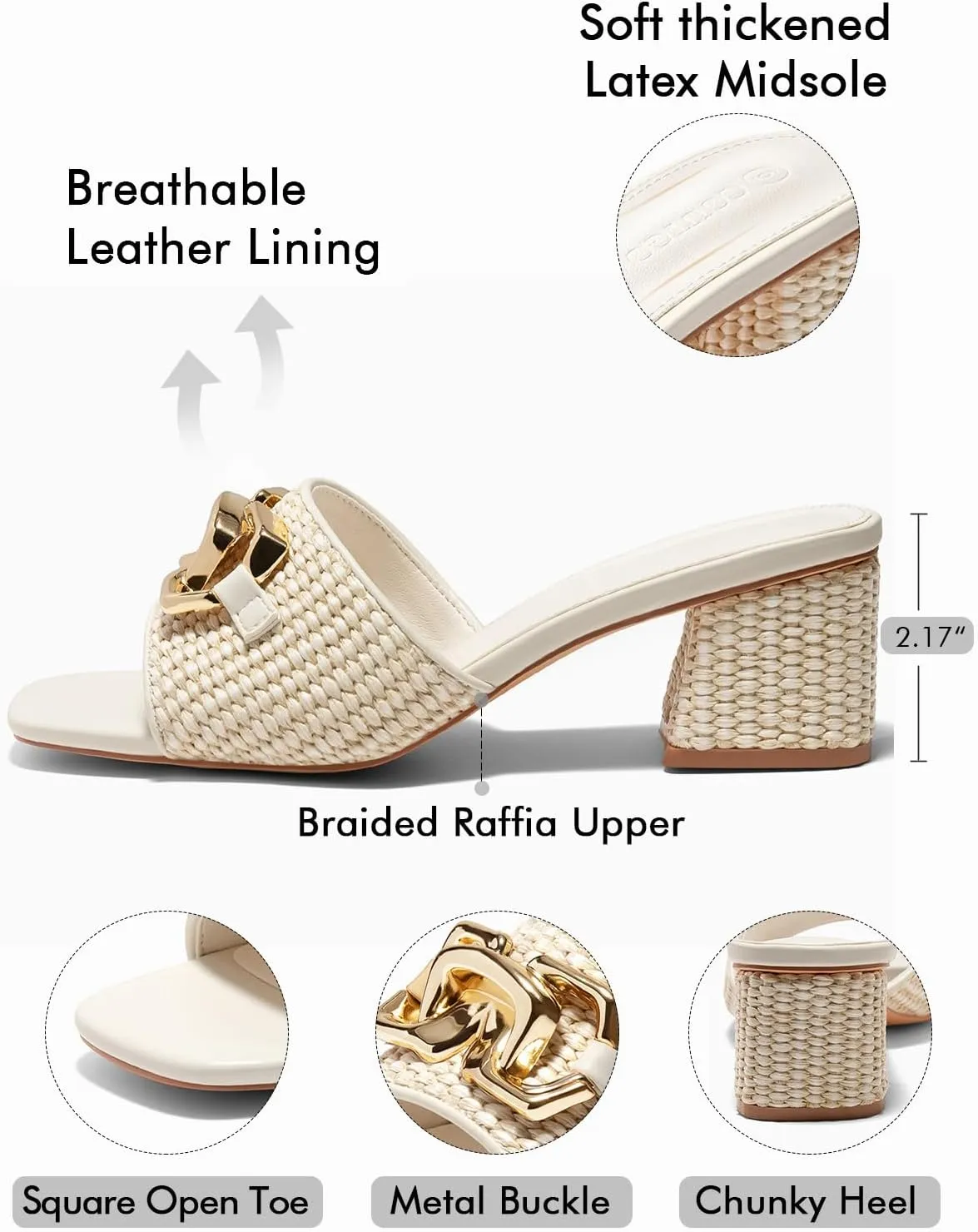 Coutgo Womens Raffia Slide Sandals Chunky Block Heeled Square Open Toe Metal Chain Slip on Mules Dressy Shoes