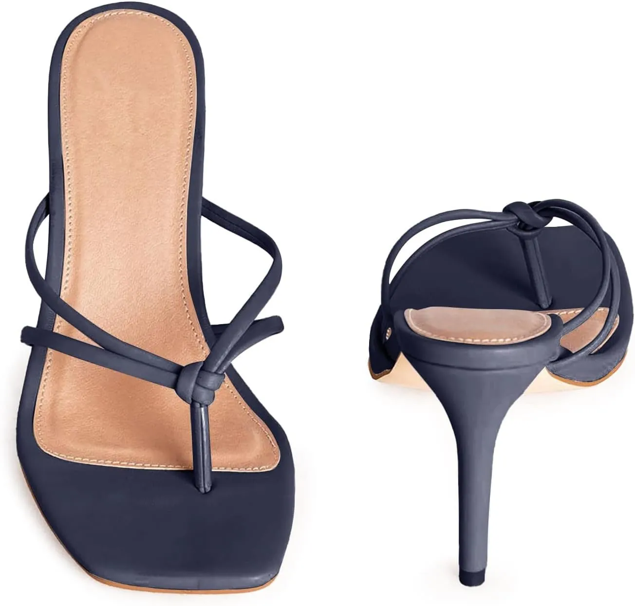 Coutgo Womens Strappy Heeded Sandals Square Toe Flip Flops Fashion Stiletto Thong Slip On Sandals
