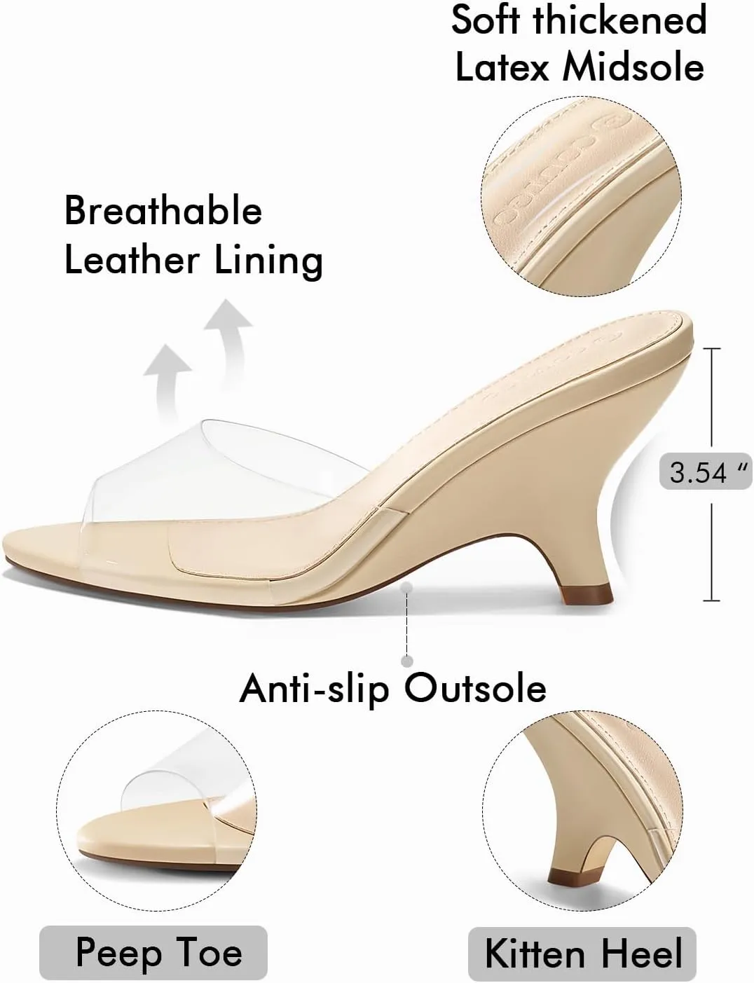 Coutgo Womens Wedge Heels Sandals Pointed Open Toe Slide Sandals Slip On Backless Summer Dress Shoes
