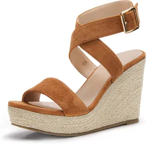 Coutgo Women's Wedge Sandals Cross Strap Espadrille Platform Ankle Buckle Summer Casual Shoes