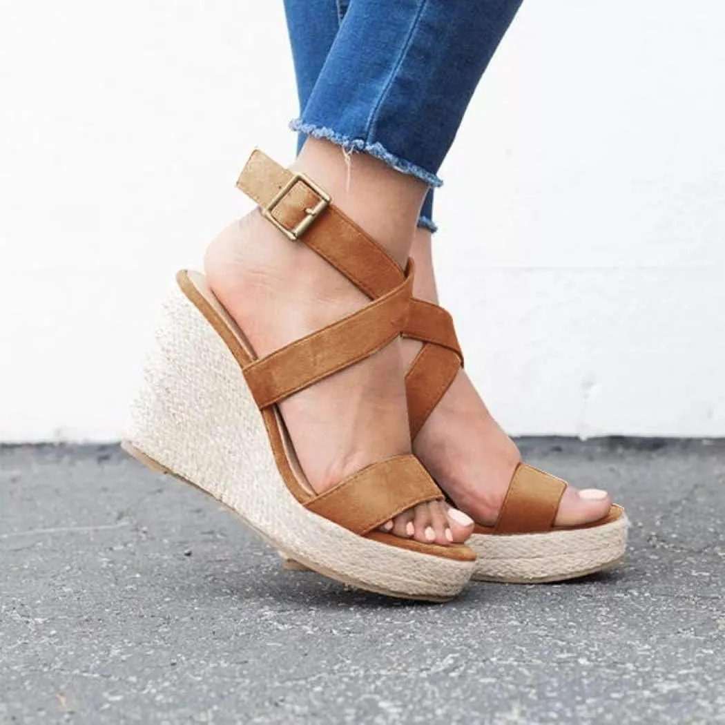 Coutgo Women's Wedge Sandals Cross Strap Espadrille Platform Ankle Buckle Summer Casual Shoes