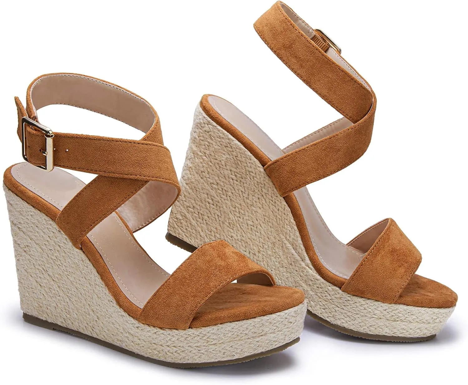 Coutgo Women's Wedge Sandals Cross Strap Espadrille Platform Ankle Buckle Summer Casual Shoes