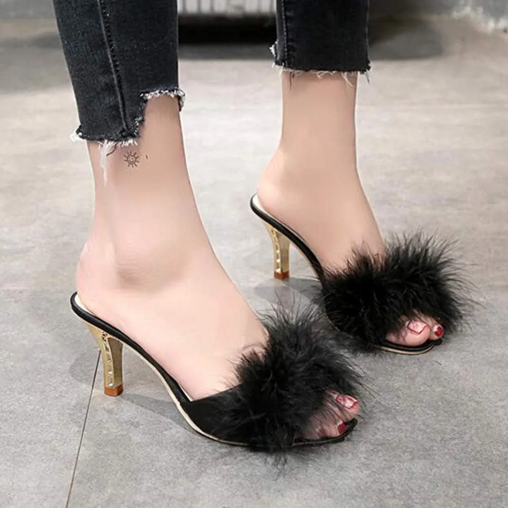 COVOYYAR Women's Feather Thin High Heels Peep Toe Fur Slippers Mules Lady Pumps Slides