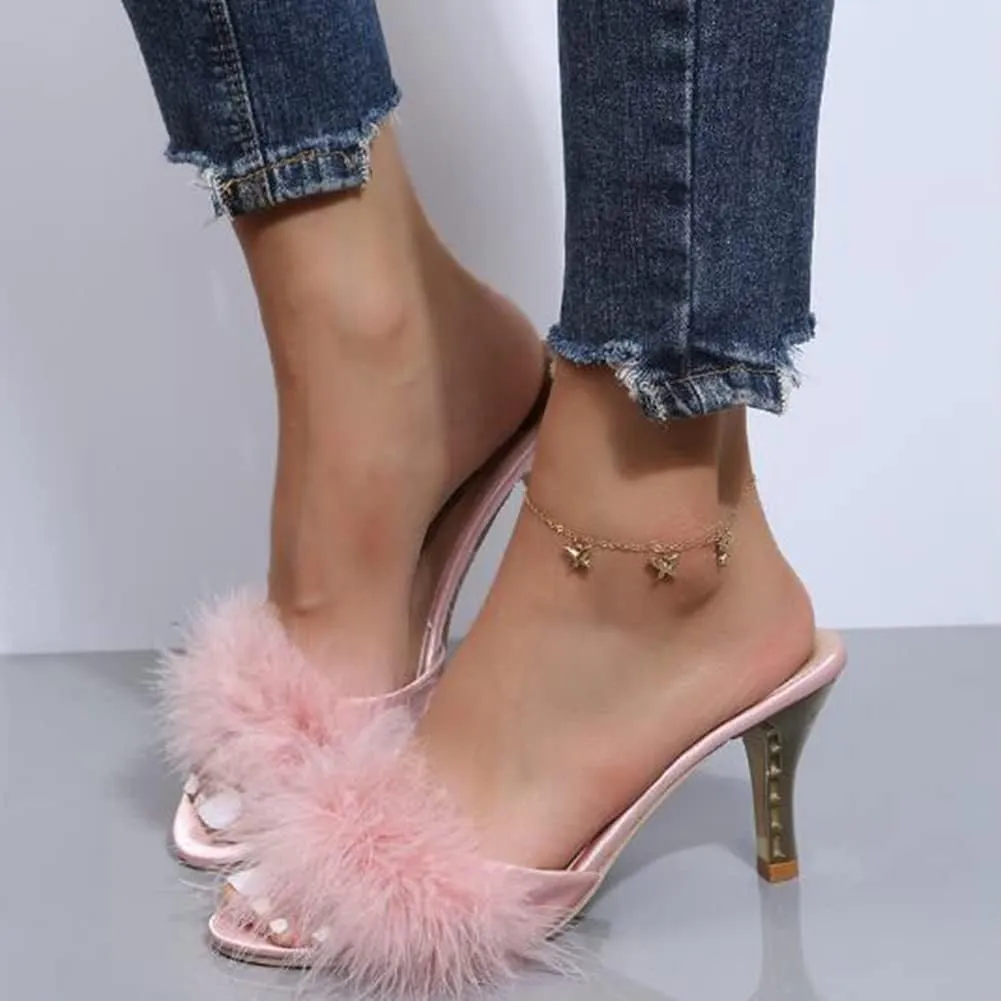 COVOYYAR Women's Feather Thin High Heels Peep Toe Fur Slippers Mules Lady Pumps Slides