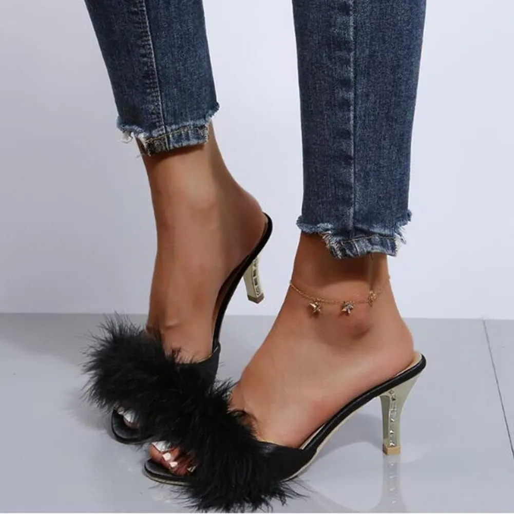 COVOYYAR Women's Feather Thin High Heels Peep Toe Fur Slippers Mules Lady Pumps Slides