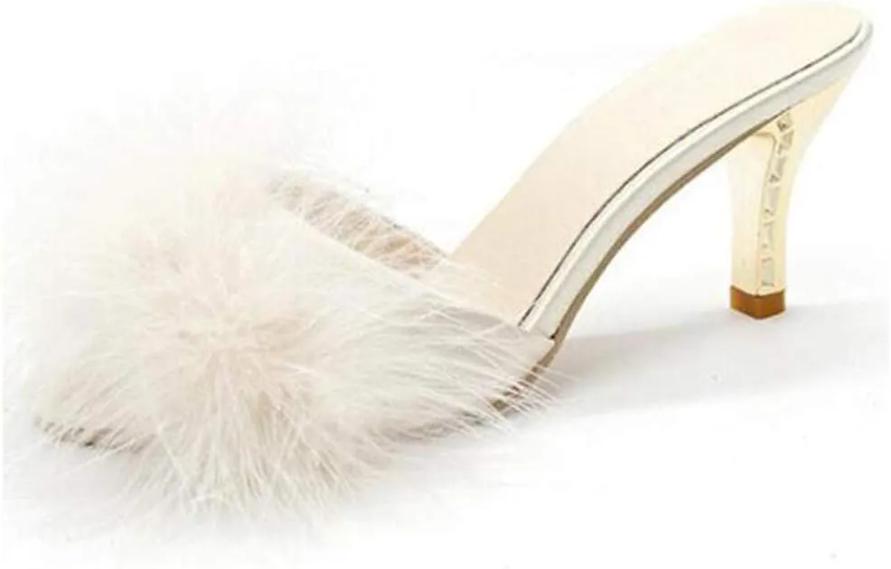 COVOYYAR Women's Feather Thin High Heels Peep Toe Fur Slippers Mules Lady Pumps Slides
