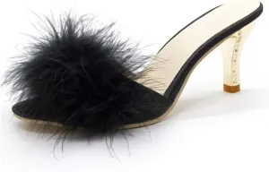 COVOYYAR Women's Feather Thin High Heels Peep Toe Fur Slippers Mules Lady Pumps Slides