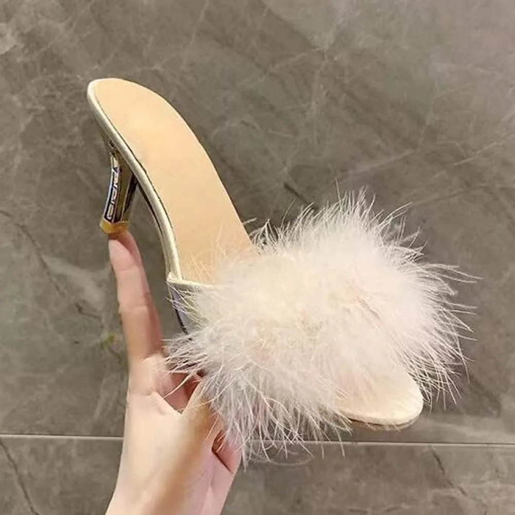 COVOYYAR Women's Feather Thin High Heels Peep Toe Fur Slippers Mules Lady Pumps Slides