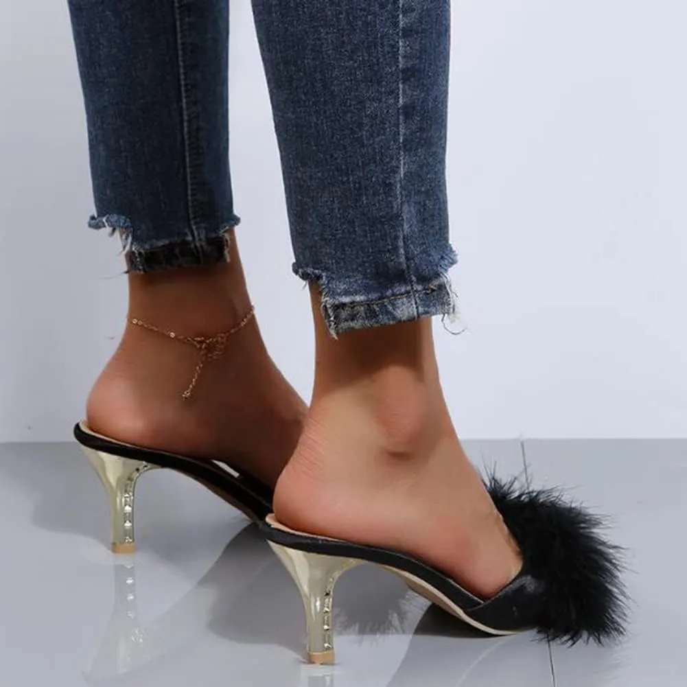 COVOYYAR Women's Feather Thin High Heels Peep Toe Fur Slippers Mules Lady Pumps Slides