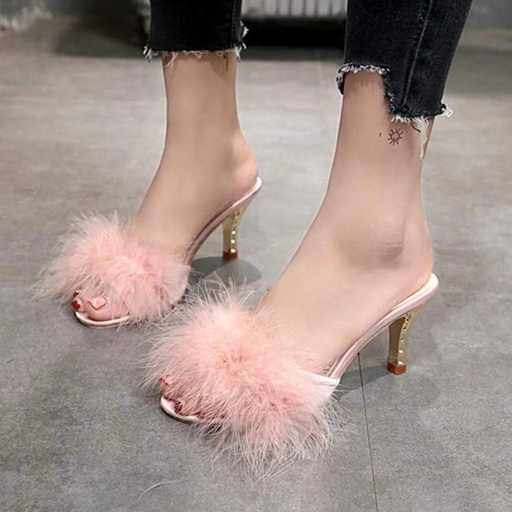 COVOYYAR Women's Feather Thin High Heels Peep Toe Fur Slippers Mules Lady Pumps Slides