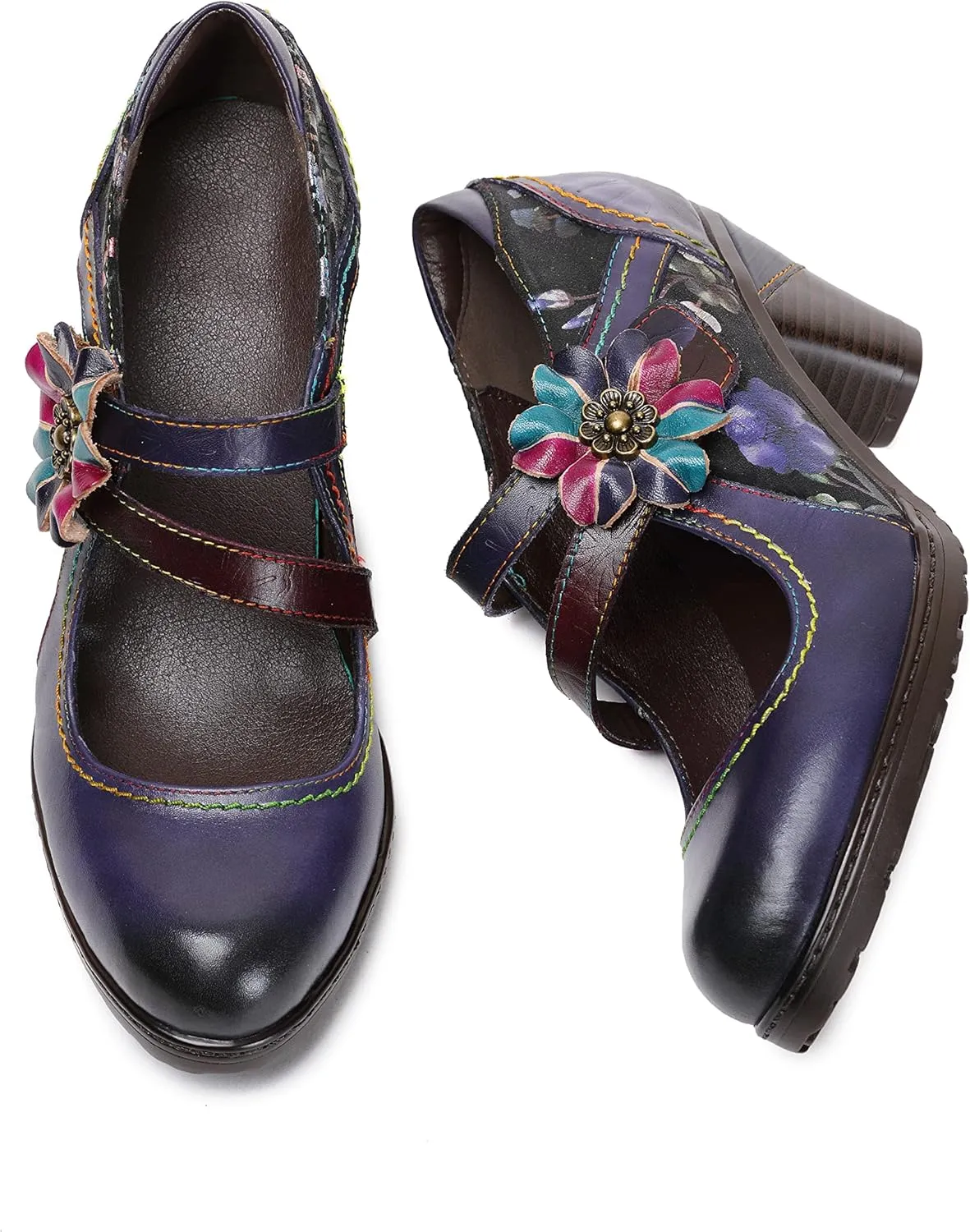 CrazycatZ Leather Mary Jane Shoes,Womens Patchword Pumps Vintage Mary Jane Shoes