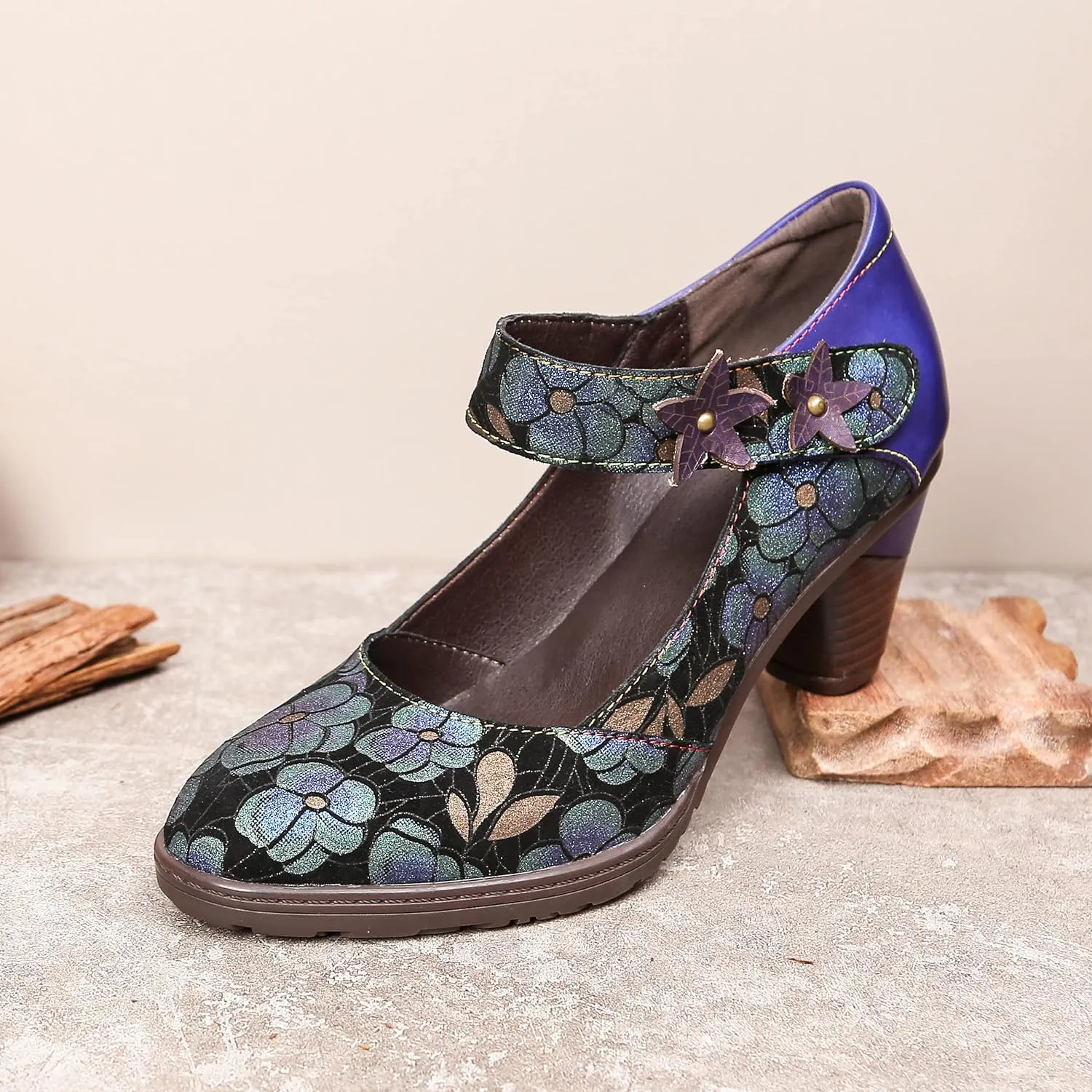 CrazycatZ Leather Mary Jane Shoes,Womens Patchword Pumps Vintage Mary Jane Shoes