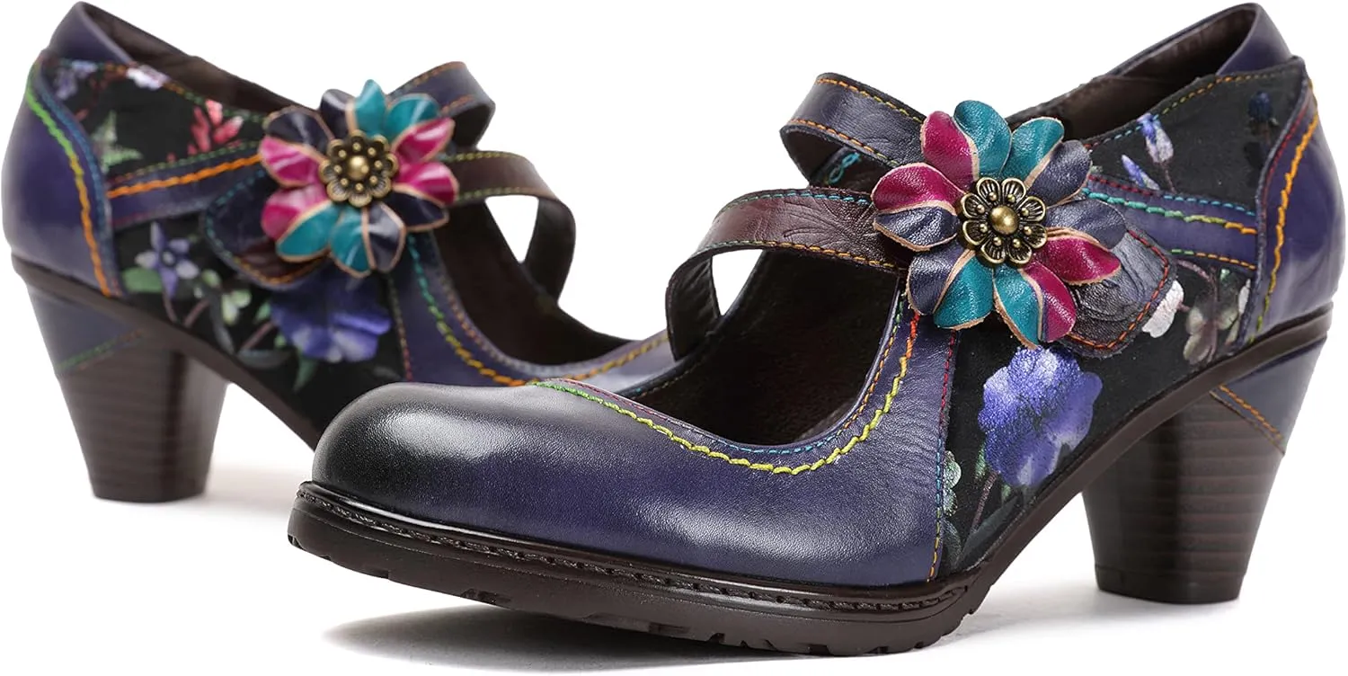 CrazycatZ Leather Mary Jane Shoes,Womens Patchword Pumps Vintage Mary Jane Shoes