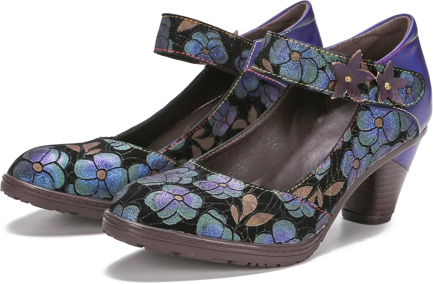 CrazycatZ Leather Mary Jane Shoes,Womens Patchword Pumps Vintage Mary Jane Shoes