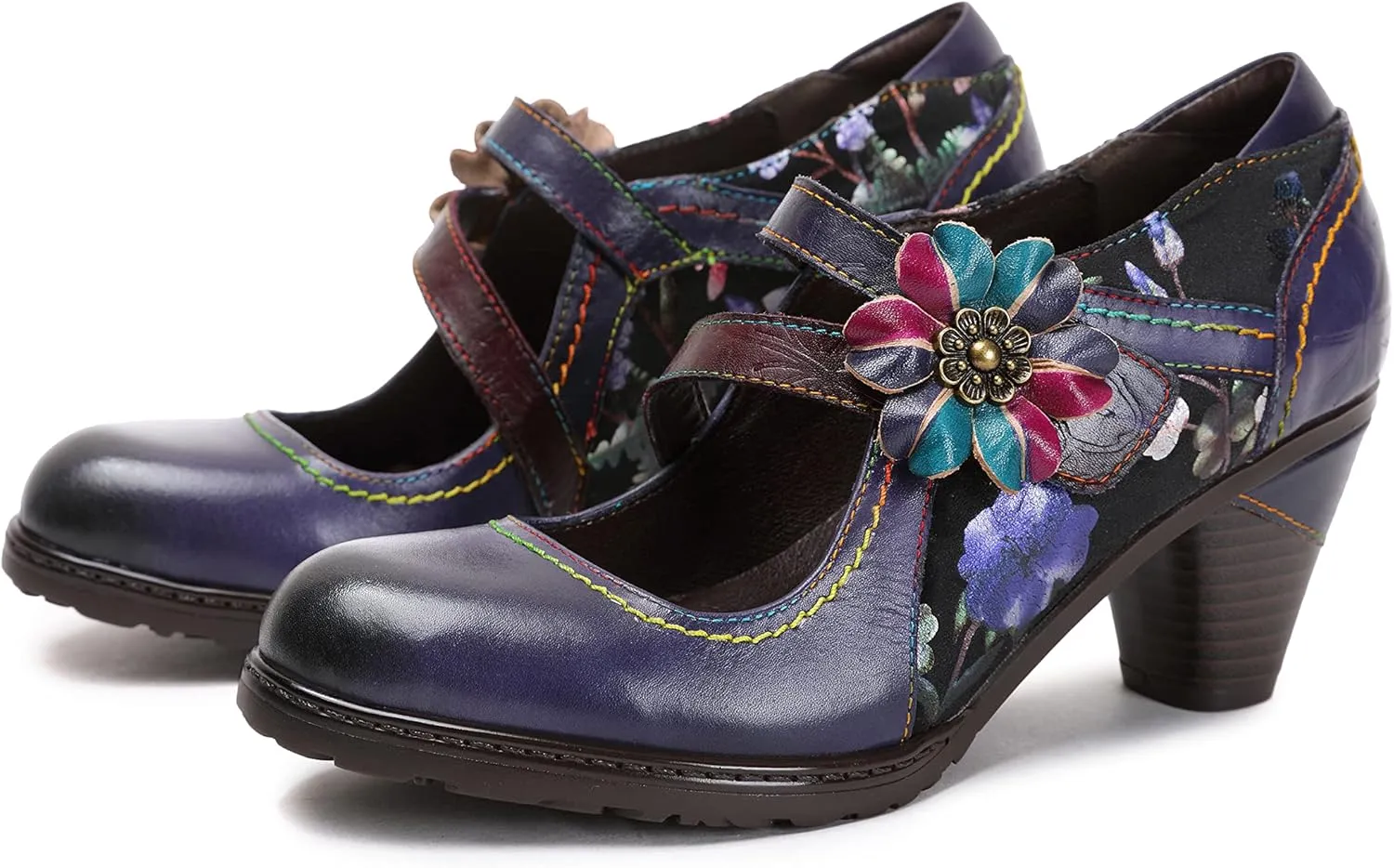 CrazycatZ Leather Mary Jane Shoes,Womens Patchword Pumps Vintage Mary Jane Shoes
