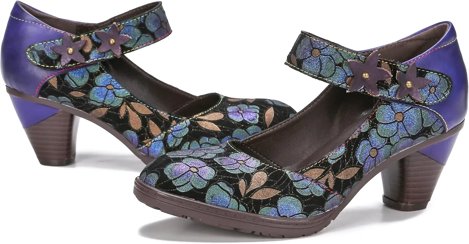 CrazycatZ Leather Mary Jane Shoes,Womens Patchword Pumps Vintage Mary Jane Shoes