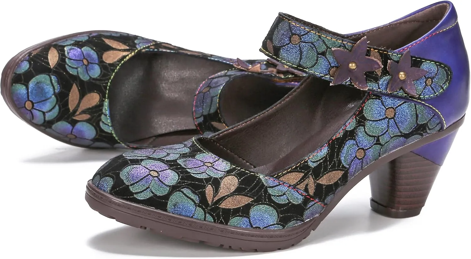 CrazycatZ Leather Mary Jane Shoes,Womens Patchword Pumps Vintage Mary Jane Shoes