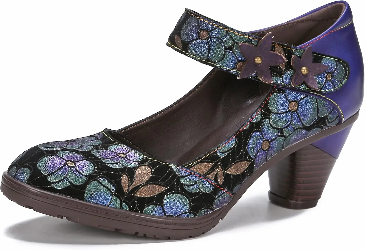 CrazycatZ Leather Mary Jane Shoes,Womens Patchword Pumps Vintage Mary Jane Shoes