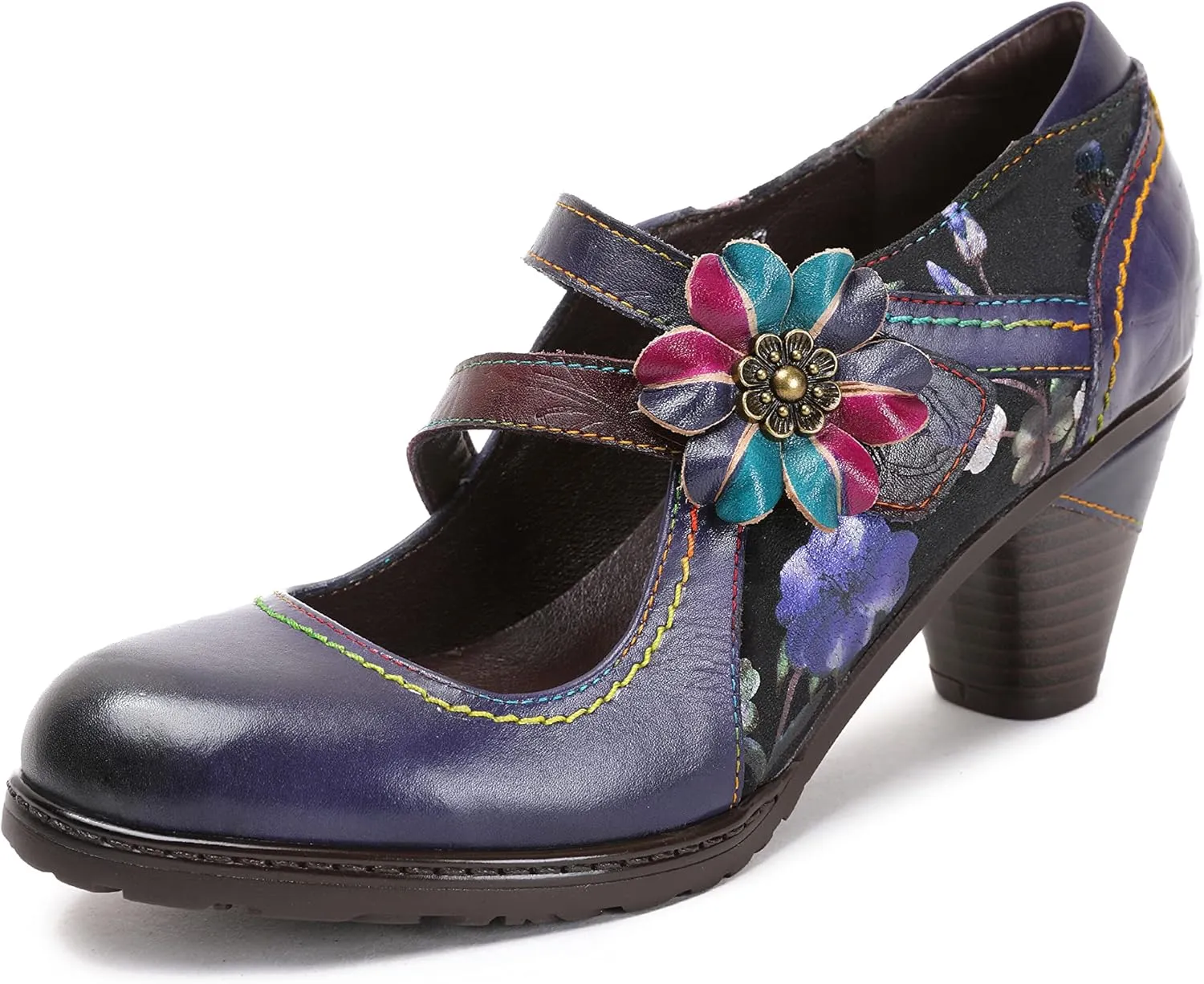 CrazycatZ Leather Mary Jane Shoes,Womens Patchword Pumps Vintage Mary Jane Shoes