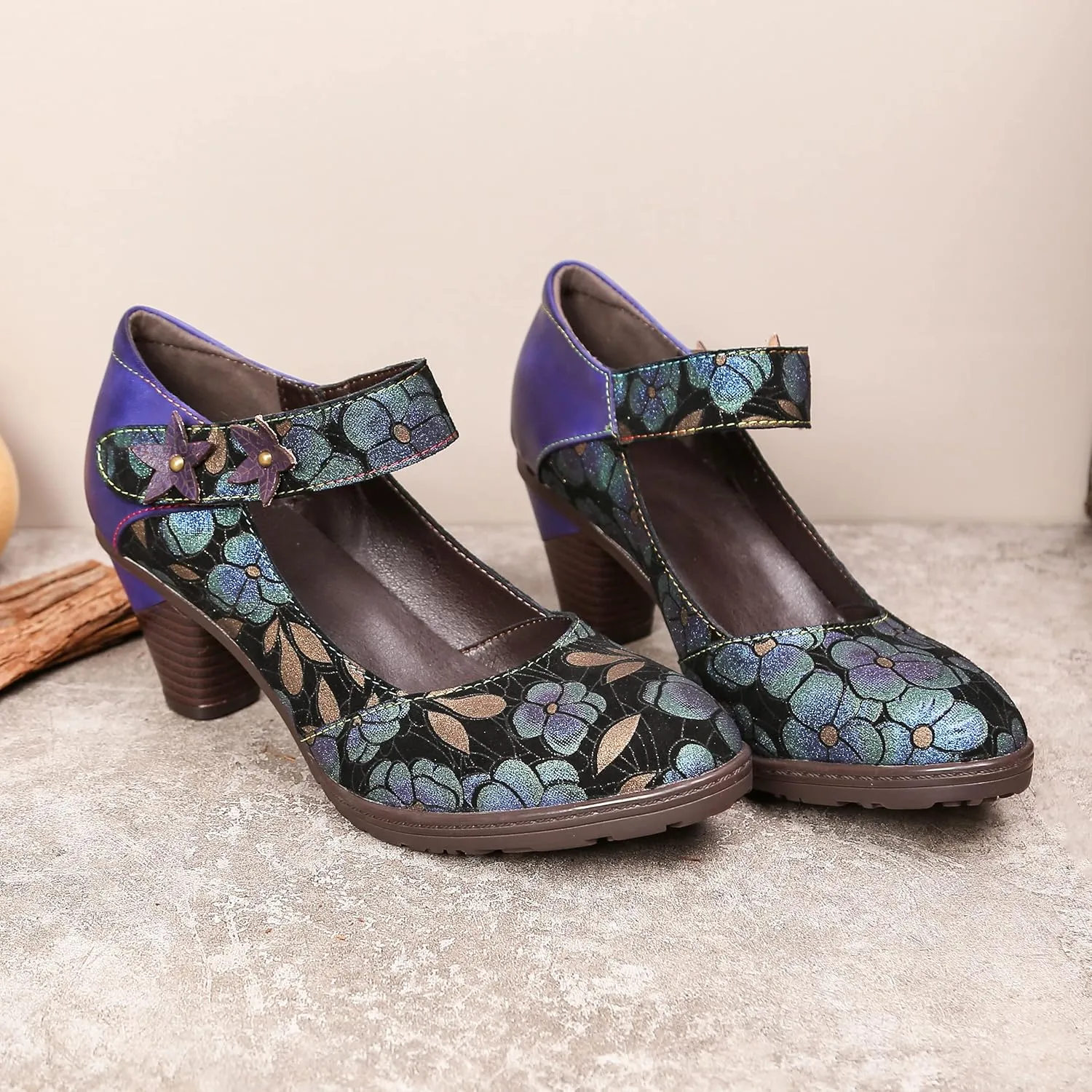 CrazycatZ Leather Mary Jane Shoes,Womens Patchword Pumps Vintage Mary Jane Shoes