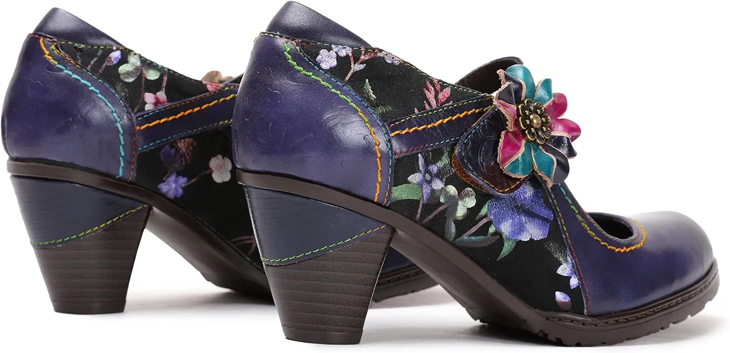 CrazycatZ Leather Mary Jane Shoes,Womens Patchword Pumps Vintage Mary Jane Shoes