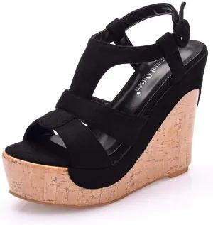 Crystal Queen 4.9 inches Peep Toe Platform Wedges Sandals Round Toe Platform High Heel Sandals Wood Stripe Ankle Sandals