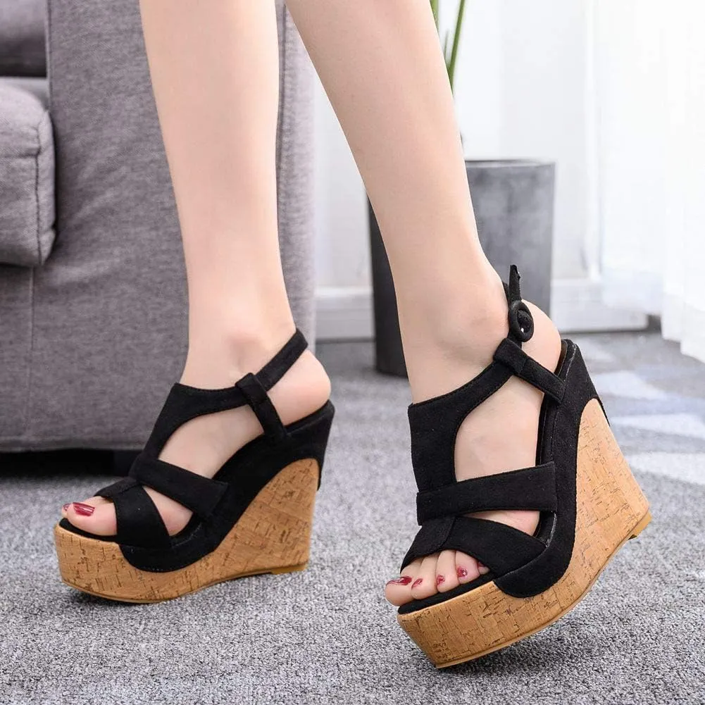Crystal Queen 4.9 inches Peep Toe Platform Wedges Sandals Round Toe Platform High Heel Sandals Wood Stripe Ankle Sandals