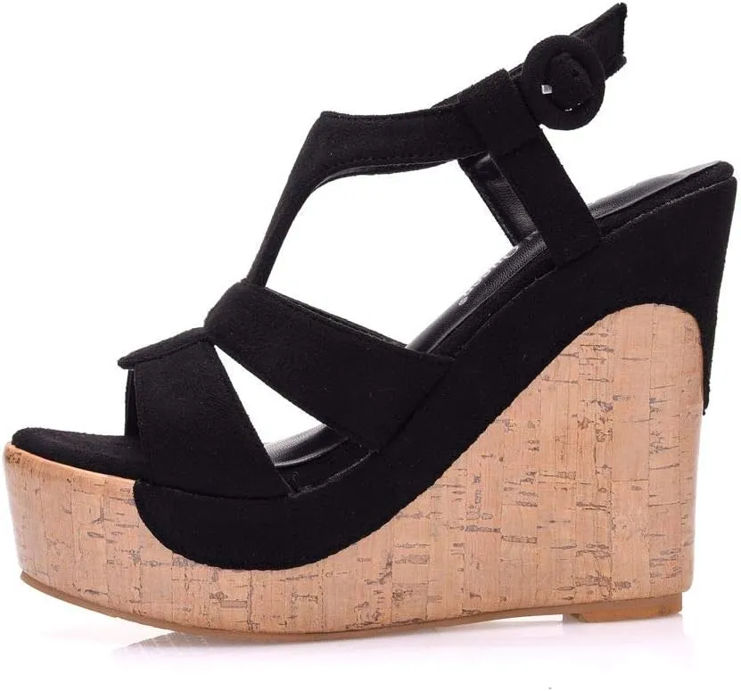 Crystal Queen 4.9 inches Peep Toe Platform Wedges Sandals Round Toe Platform High Heel Sandals Wood Stripe Ankle Sandals