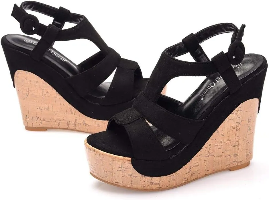 Crystal Queen 4.9 inches Peep Toe Platform Wedges Sandals Round Toe Platform High Heel Sandals Wood Stripe Ankle Sandals